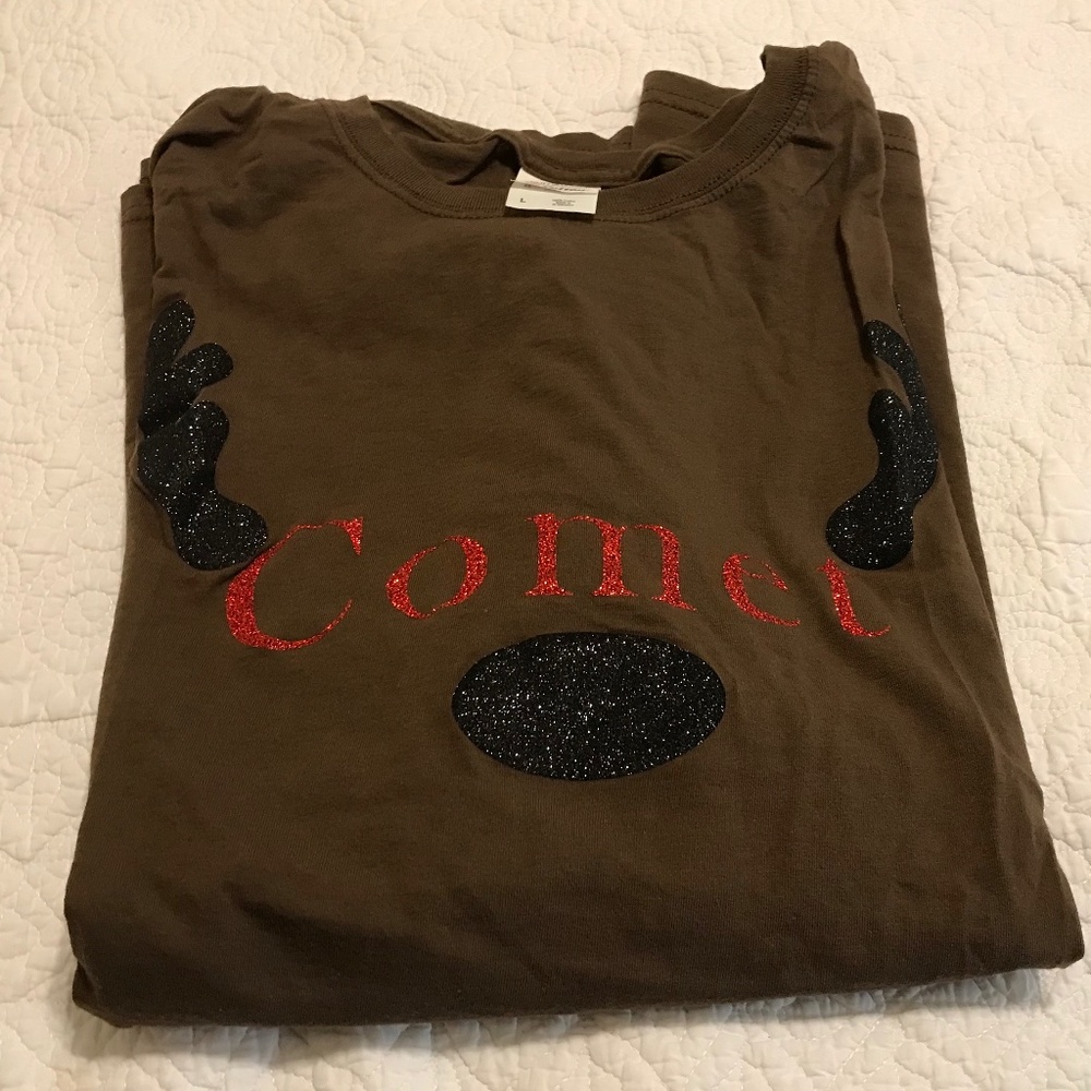 Brown sparkly “Comet” reindeer tee shirt by Fruit of the Loom (L)